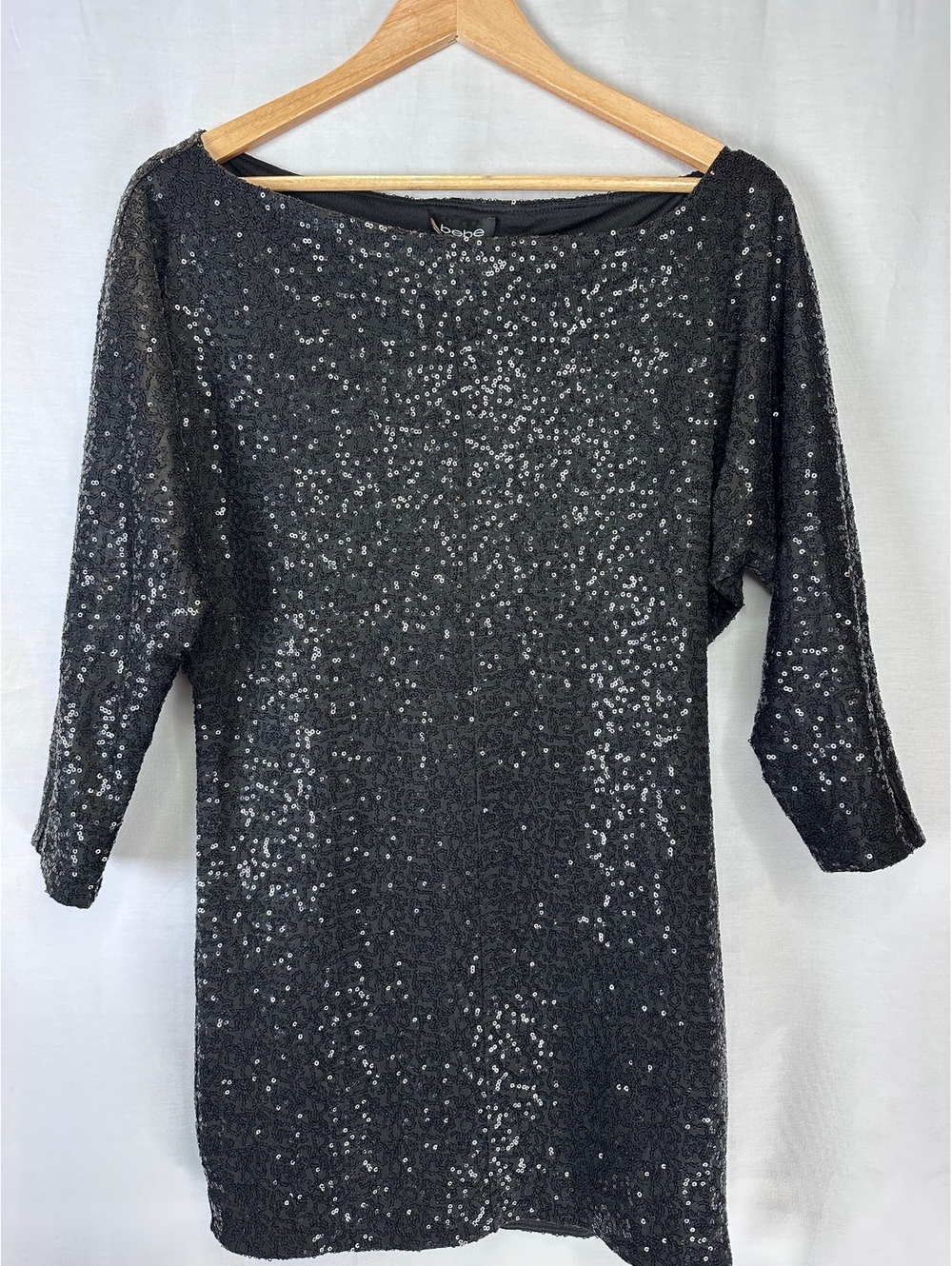 Bebe size Small Black Sequin Bodycon Mini Dress Size 3/4 Sleeve Cocktail Party